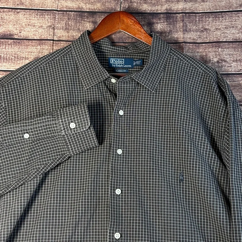 Polo Ralph Lauren Mens 3XLT Tall Brown White Grid Check Button Down Shirt Cotton